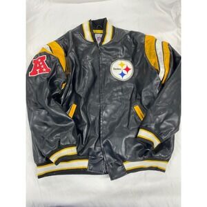 NFL Pittsburgh Steelers Faux Leather Varsity Bomber Jacket Black Yellow XXL